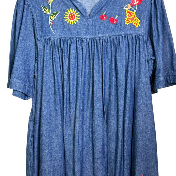 National Size Size Large 100% Cotton Denim Cherry Embroidered Mumu Kaftan - Picture 3 of 7